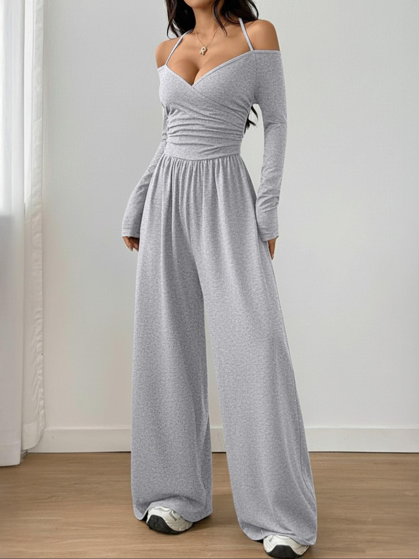 Women's Casual Solid Color Ruched Wide Leg Jumpsuit with Halter-Neck, Stylish and Comfortable Jumpsuit for Daily Wear Women's Casual Solid Color Ruched Wide Leg Jumpsuit with Halter-Neck, Stylish and Comfortable Jumpsuit for Daily Wear