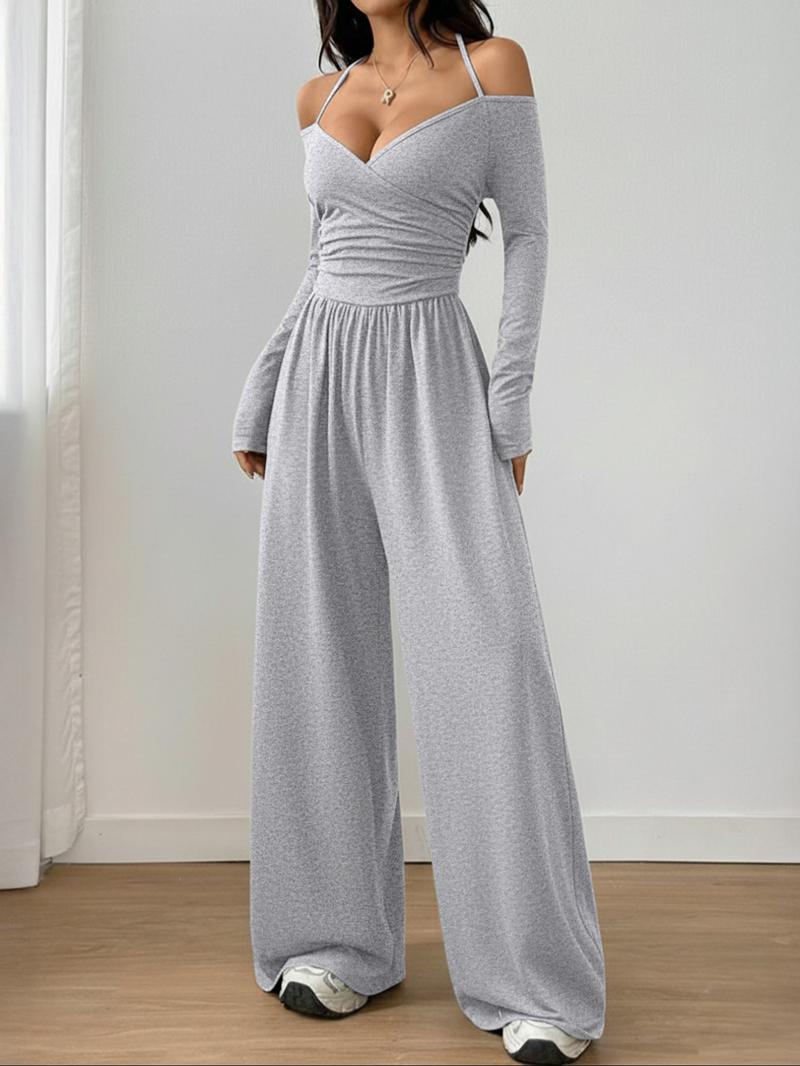 Women's Casual Solid Color Ruched Wide Leg Jumpsuit with Halter-Neck, Stylish and Comfortable Jumpsuit for Daily Wear