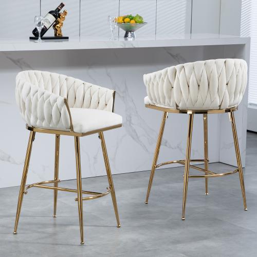 【Bellemave】2 chairs26'' Counter height bar stools velvet kitchen island counter bar stool with hand- wave back,golden chromed base and footrest (a pair)