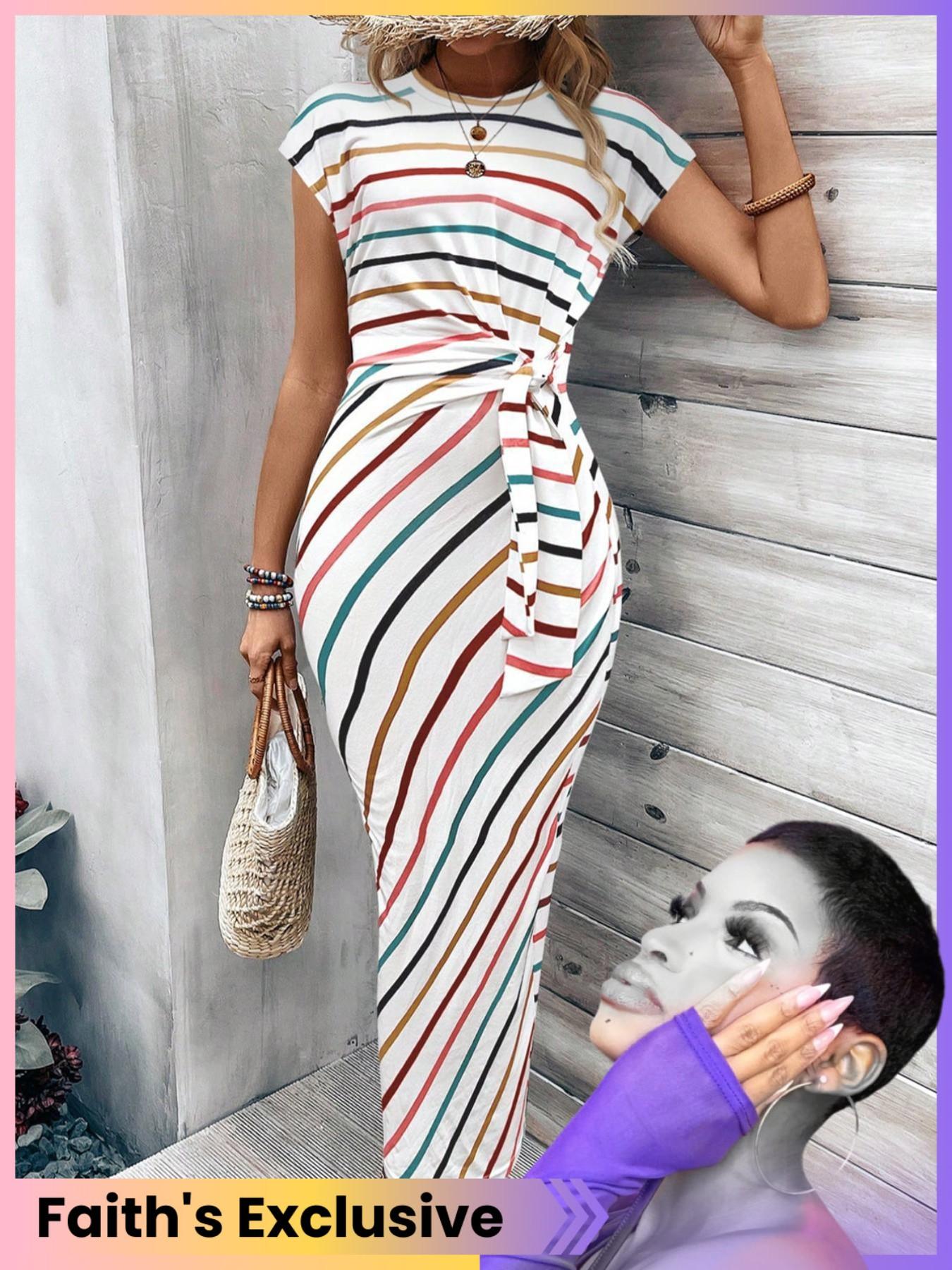 Women's Striped Print Knot Bodycon Dress, Summer Outfits 2024, Elegant Drop Shoulder Short Sleeve Long Dress for Summer, Sundress Maxi Dress, Frenchy Style Ladies Clothes for Beach Holiday