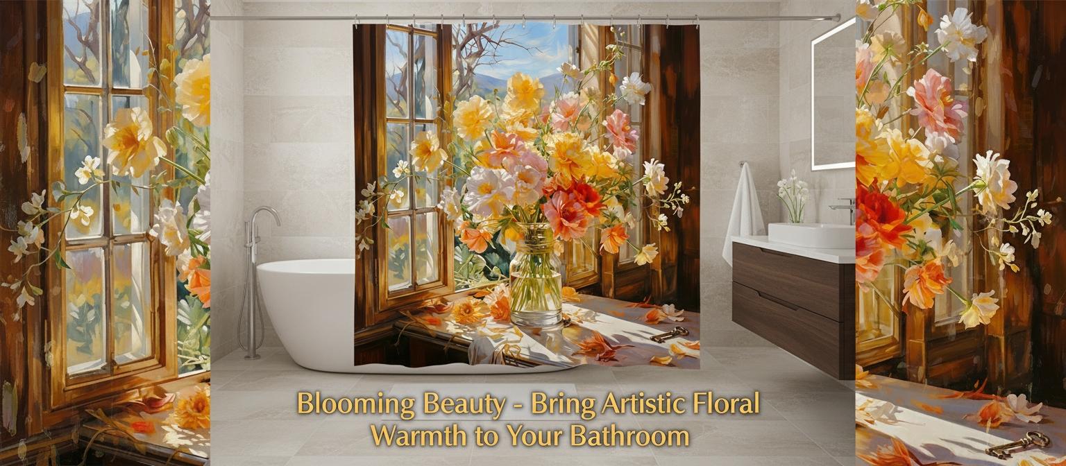 Vintage Oil Painting Style Floral Bath Curtain, European Countryside Artistic Bathroom Decor, Soft Polyester Shower Curtain for Home Hotel