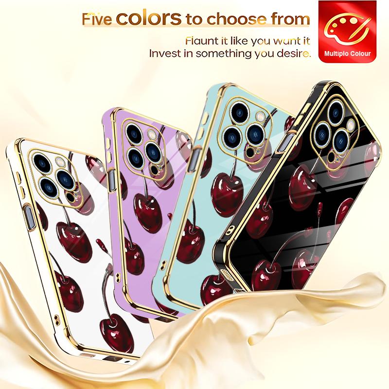 Vintage Cherry Coquette Phone Case – Glossy Dark Fruit Aesthetic, Gold Edges, Soft Cover for iPhone 14 Pro Max — 975
