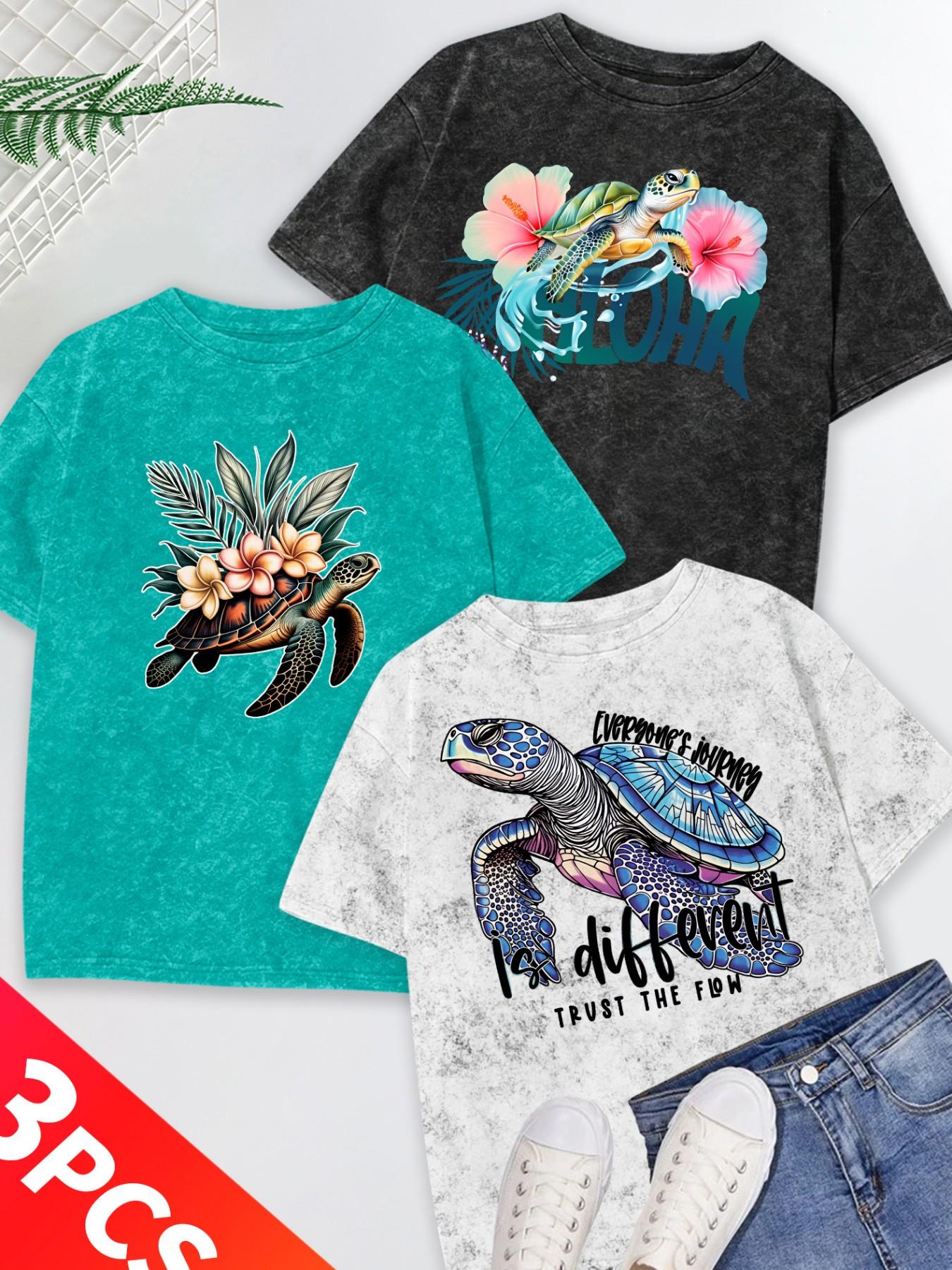Women's 3-Pack Snow Wash Short Sleeve T-Shirt, Hawaiian Sea Turtle & Floral Print Set, Multiple Colors, Machine Washable, Spring & Summer Tops, Soft Skin-Friendly Fabric, Daily Wear, Fashion Design