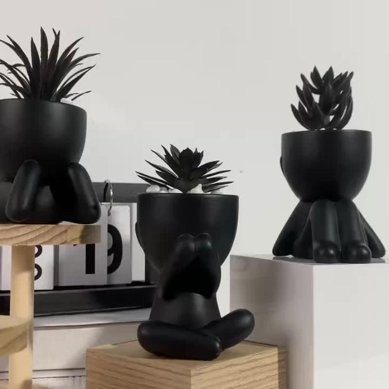 Gothic Artificial Succulent Set - 3 Human-Shaped Mini Planters with Dark Style Succulents, Creepy-Cute Desktop Ornaments for Halloween & Year-Round Decor