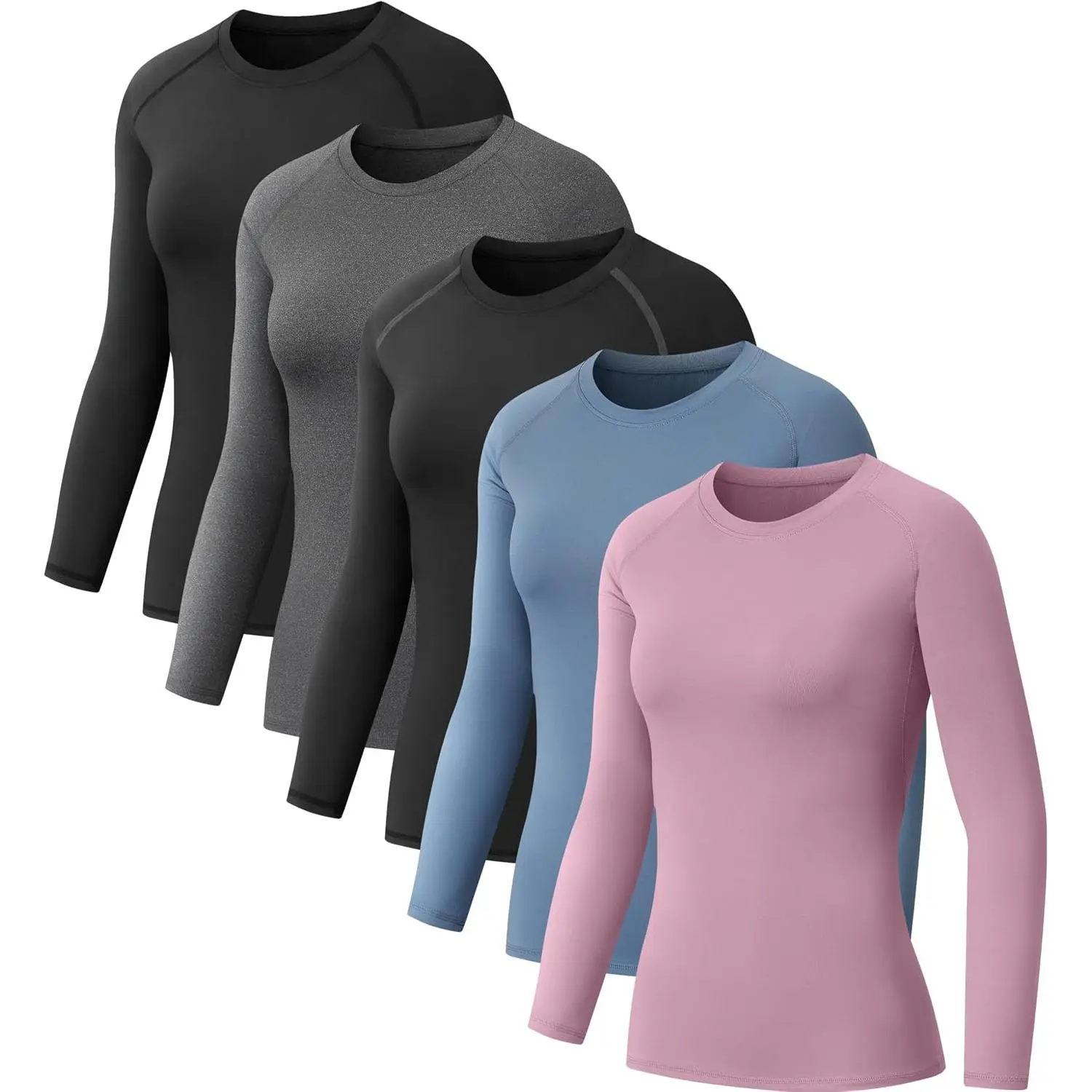 Women's 5-Pack Long Sleeve Compression Shirts - Solid Spandex Fitness Wear, Moisture Wicking, Quick Dry, 4-Way Stretch, Tight Fit, Crew Neck Underscrub for Workout, Yoga