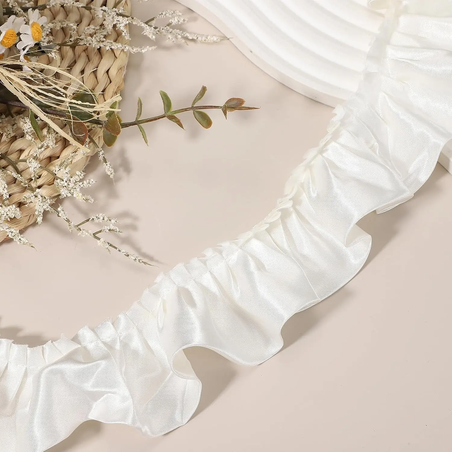 5.5 Yards 3D Pleated Chiffon Lace Trim 2" Satin Ruffle Ribbon Pleated Sewing Fabric Trim for Headwear Dress Bag Wedding Dress Home Decoration, Creamy White