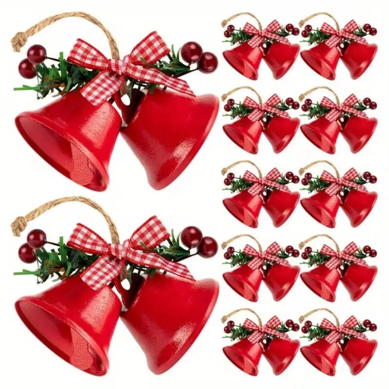 12Pcs Christmas Metal Jingle Bells Ornaments with Buffalo Plaid Bows & Red Berries, 2.76" Rustic Double Bell Hanging Pendants for Christmas Tree Wreath Garland, Red Green Gold White Mix