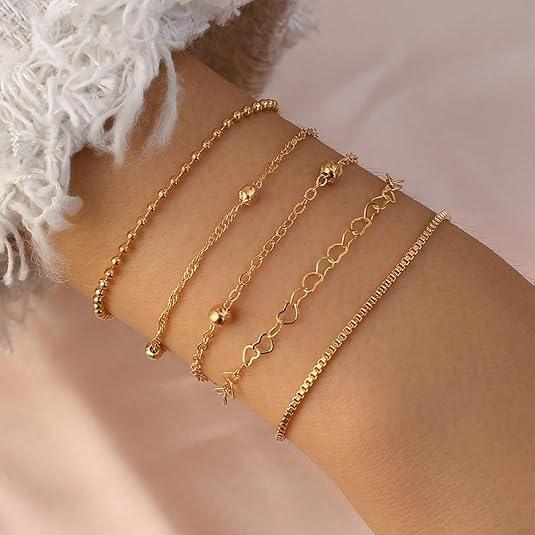 5 Piece Stainless Steel Heart Bead Multi-Layer Bracelet Set, Stackable Bracelets, Unisex Accessory, Perfect for Daily Wear, Work, and Parties
