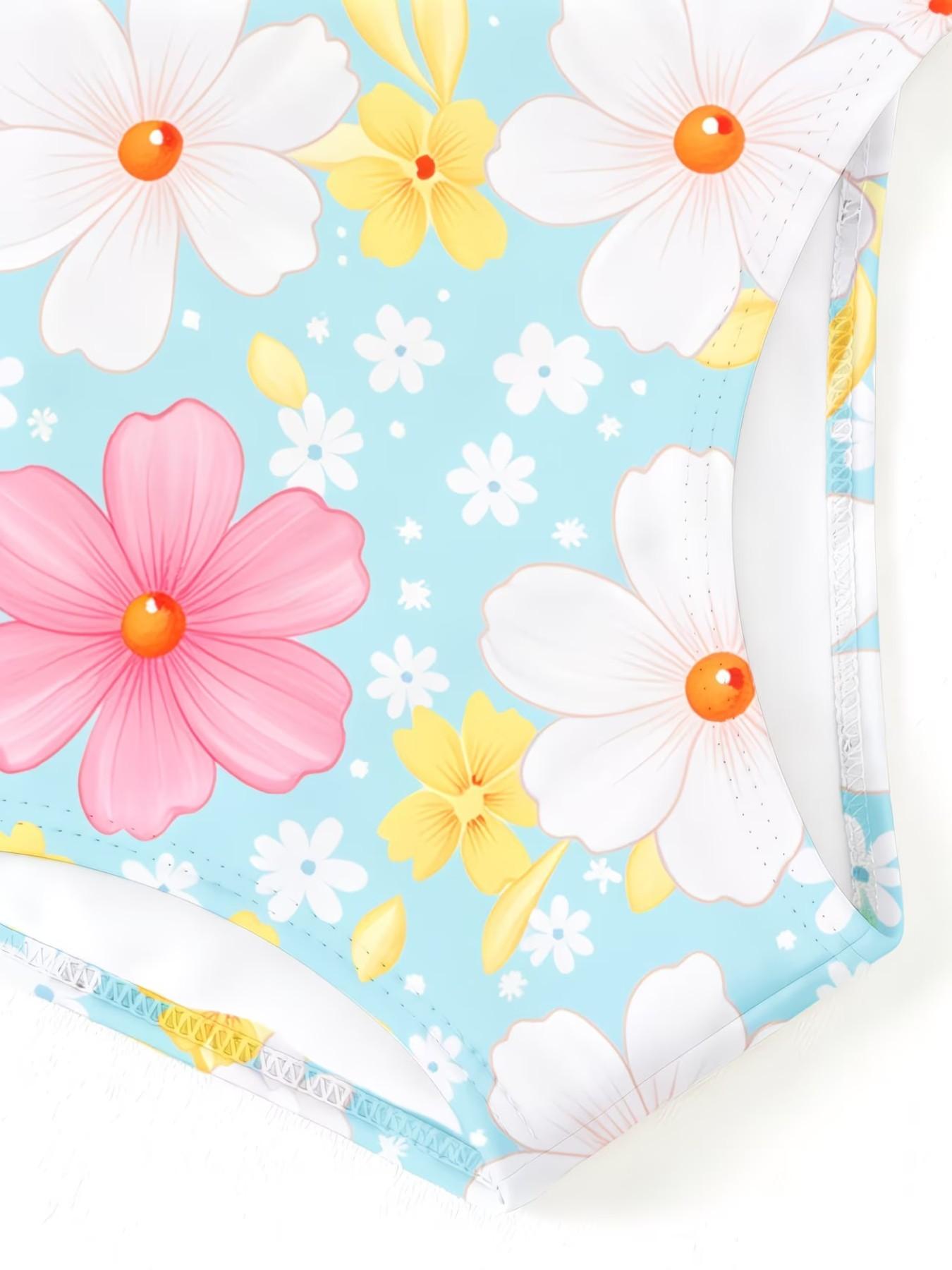 Girls' Floral Pattern Jumpsuit, Cute Cartoon Print, Ruffled Quick-Dry Swimwear, Fashionable Beach Party, Sporty Style