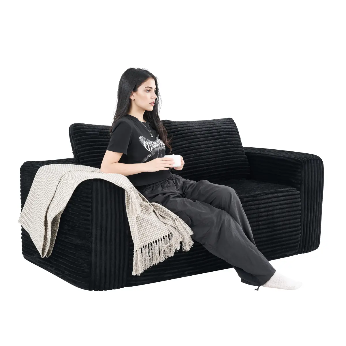 63 x 35 x 23 Inch Black Frameless Compressed Loveseat, Premium Corduroy Upholstered 2-Seater Couch with High Density Foam, No Assembly Required Space Saving Sofa for Apartment, Bedroom, Office Small Spaces