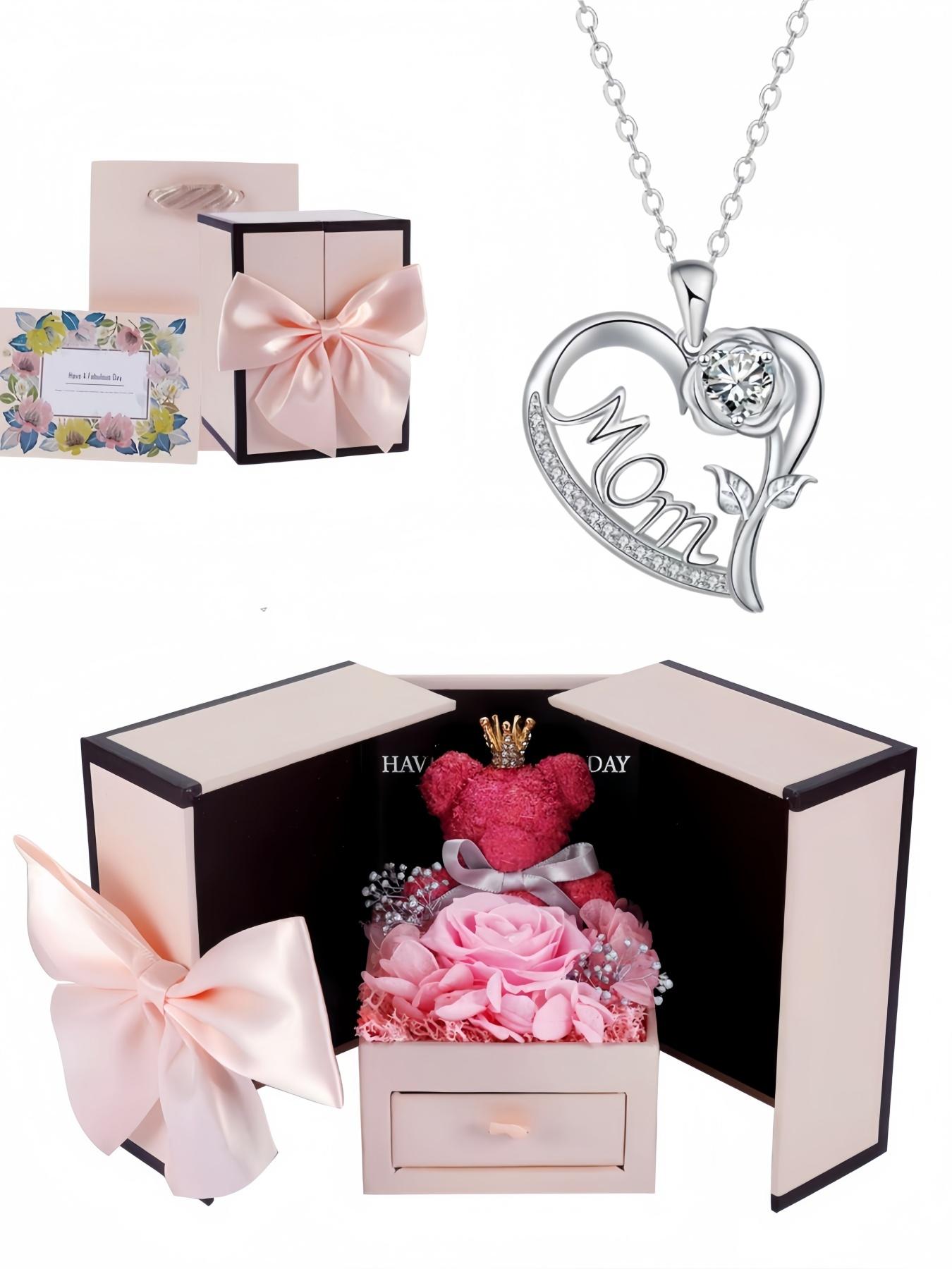 Soft Heart Rose Imprint Premium heart-shaped MOM rose necklace, niche & sparkling, skin-brightening pendant.Paired with a preserved rose & teddy bear jewelry gift box.Ideal mysterious gift for birthdays, Valentine’s Day, Mother’s Day and Christmas.