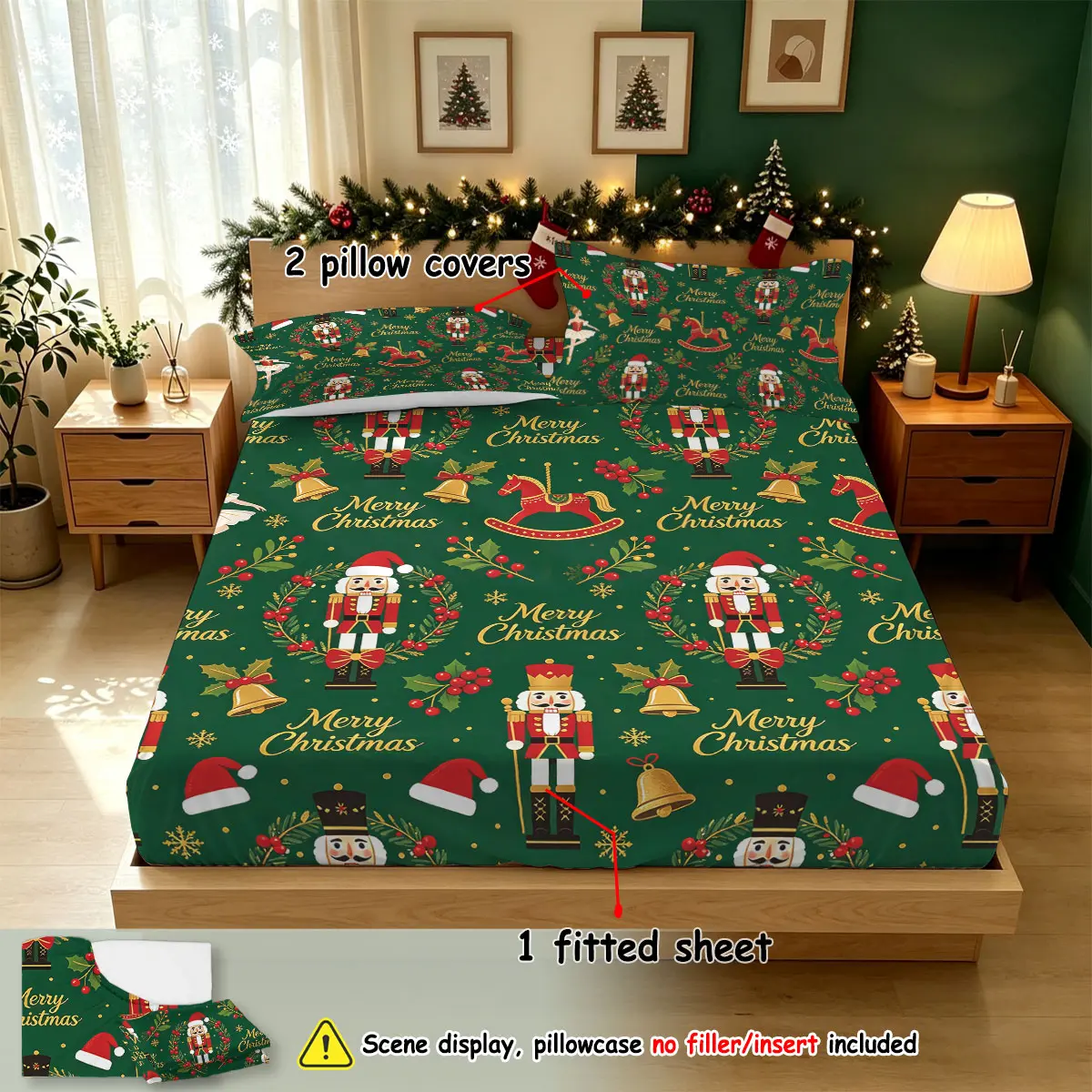 Dark Green Christmas Wreath and Nutcracker Soldier 3 Piece Fitted Sheet Set, 1 Fitted Sheet and 2 Pillowcases, No Insert Deep Pocket Elegant Holiday Bedding Decor