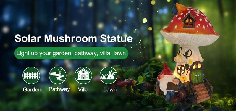 11 Inch Solar Mushroom Fairy House Resion Outdoor Statue Lamp Light Gnome Theme Garden Decor Seasonal Gardening Art for Housewarming Gifts Spring Outdoor Decoration for Patio Garden Balcony