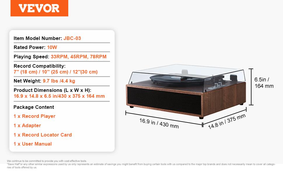 VEVOR Vinyl Record Player, 3-Speed, Belt Driven Turntable Player with Built-in 10W Stereo Speakers Magnetic Cartridge, Support 33/45/78 RPM Bluetooth Aux in RCA Output, for 7/10/12 in Vinyl Records VEVOR Vinyl Record Player, 3-Speed, Belt Driven Turntable Player with Built-in 10W Stereo Speakers Magnetic Cartridge, Support 33/45/78 RPM Bluetooth Aux in RCA Output, for 7/10/12 in Vinyl Records