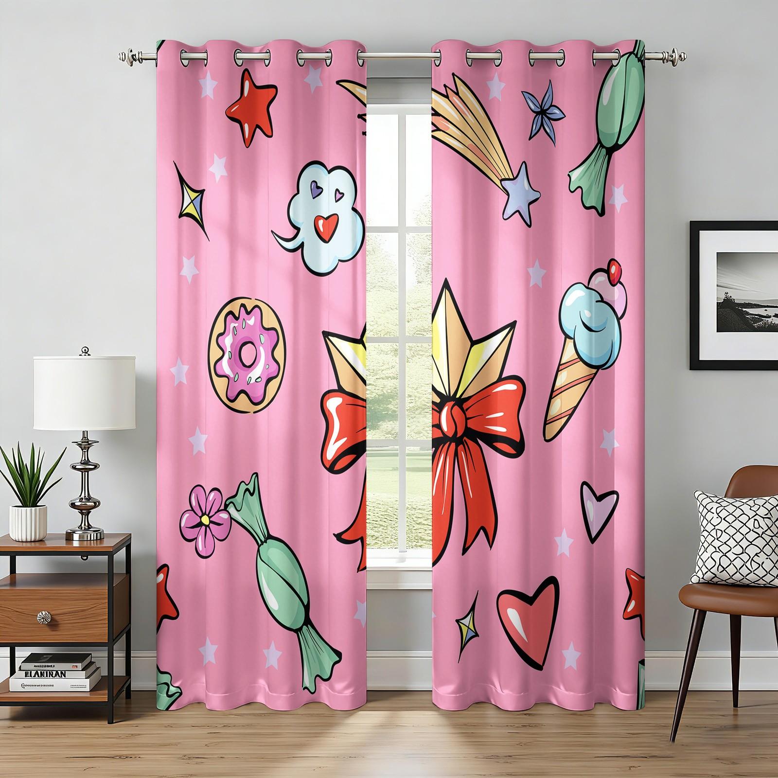 2 Panels Cute Candy Curtains, 80%-90% Light Blocking Printed Curtains, Cartoon Sweet Darkening Curtains, Kawaii Dessert Decoration Curtains for Girls Bedroom