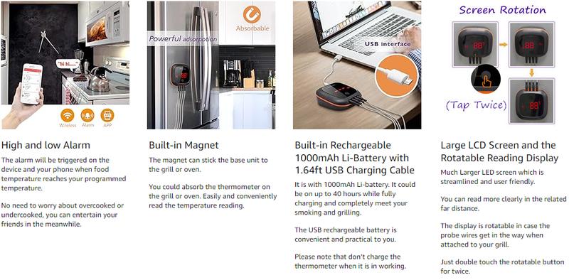 Inkbird Meat Thermometer，Bluetooth Wireless Grill BBQ Thermometer,150 ft Barbecue Cooking Kitchen Food Meat Thermometer for Smoker, Oven, Drum with 4 Probes,  Wireless APP Control, Alarm Timer