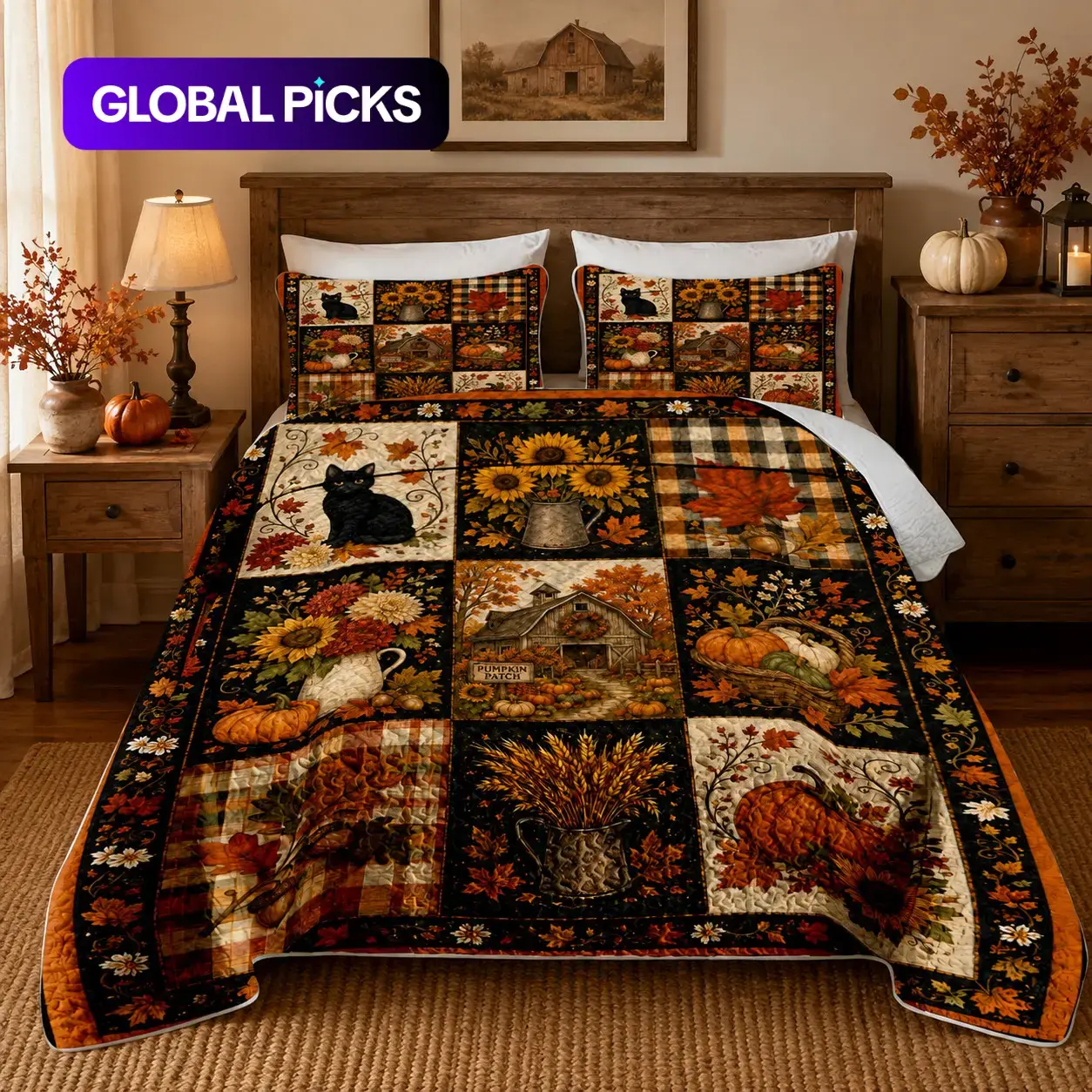 Back to School 3-Piece Black Cat Pumpkin Sunflower Quilt Set, Farmhouse Patchwork Bedspread with 2 Pillow Shams, Cozy Bedding Set, Soft Lightweight Breathable All-Season Bedding for Queen/King Beds, Thanksgiving Decor