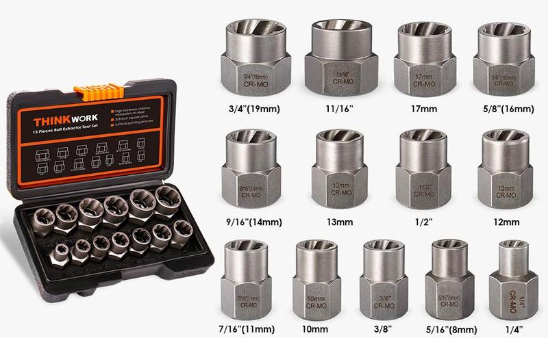 THINKWORK Bolt Extractor Tool Set, 13+1 Counts Impact & Nut Remover Stripped Lug Remover, Drive Rounded Bolt Remover for Removing Damaged, Frozen Universal Impact impact bolt