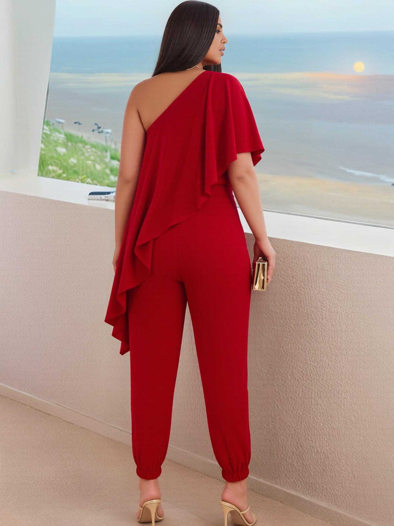 Two-Piece Asymmetrical Ruffle Top and Elastic Waist Pants Set, Fashionable Side Pockets, Fit, Perfect for Office, Dates, Parties, Holidays