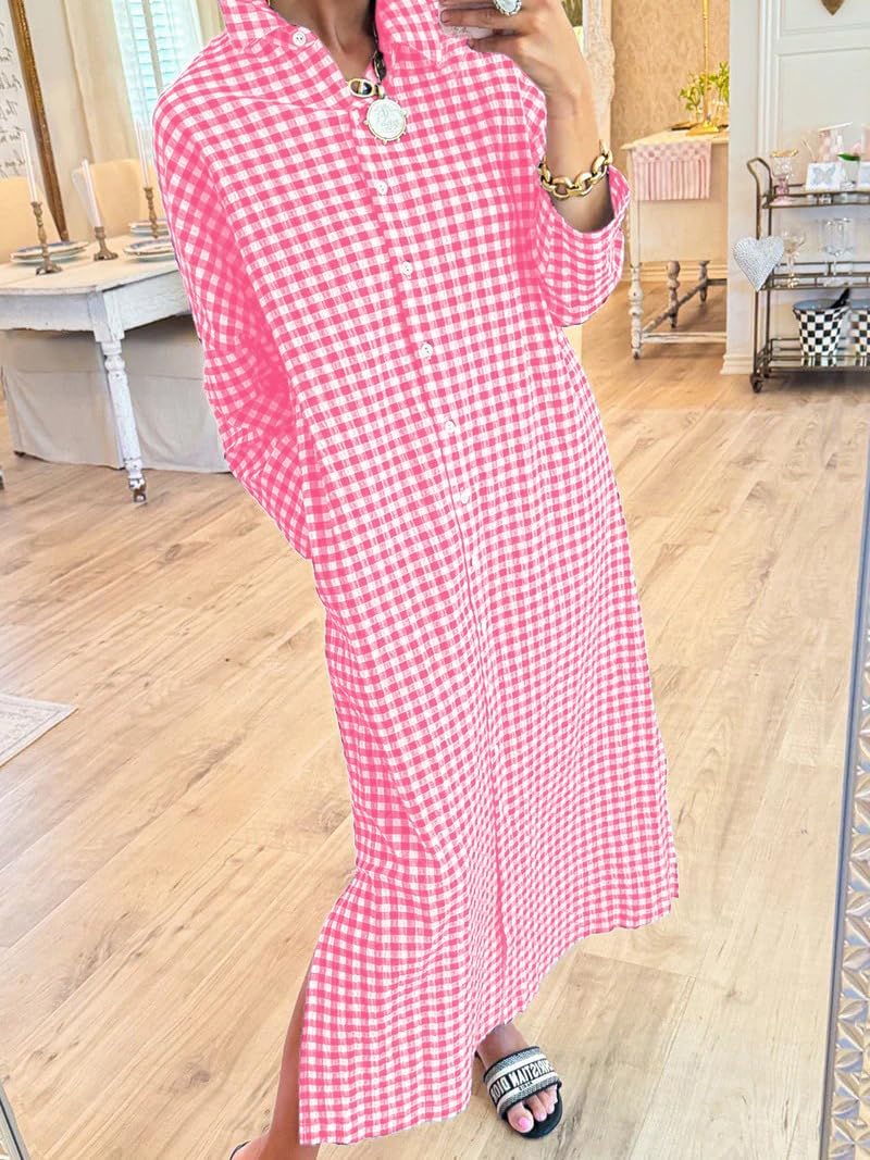Women's Casual Loose Button Down Plaid Shirt Dress Long Sleeve Side Slit Cotton Gingham Maxi Dress