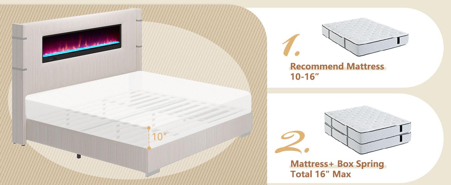 [Ships in 2 Boxes] VanAcc Modern Bed Frame with Electric Fireplace, Wingback Platform Bed Frame with 60.4“ Extra Tall Headboard, Corduroy Upholstered Bed Frame, Wooden Slats, No Box Spring Needed, Adjustable Color, Remote Control