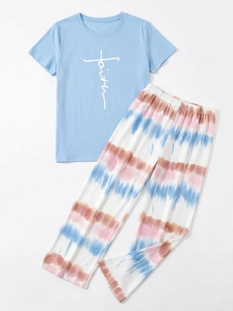 Women's Casual Printed Round Neck Short Sleeve Top & Gradient Print Pants Set, Soft Comfortable Loose Fit for Daily Wear