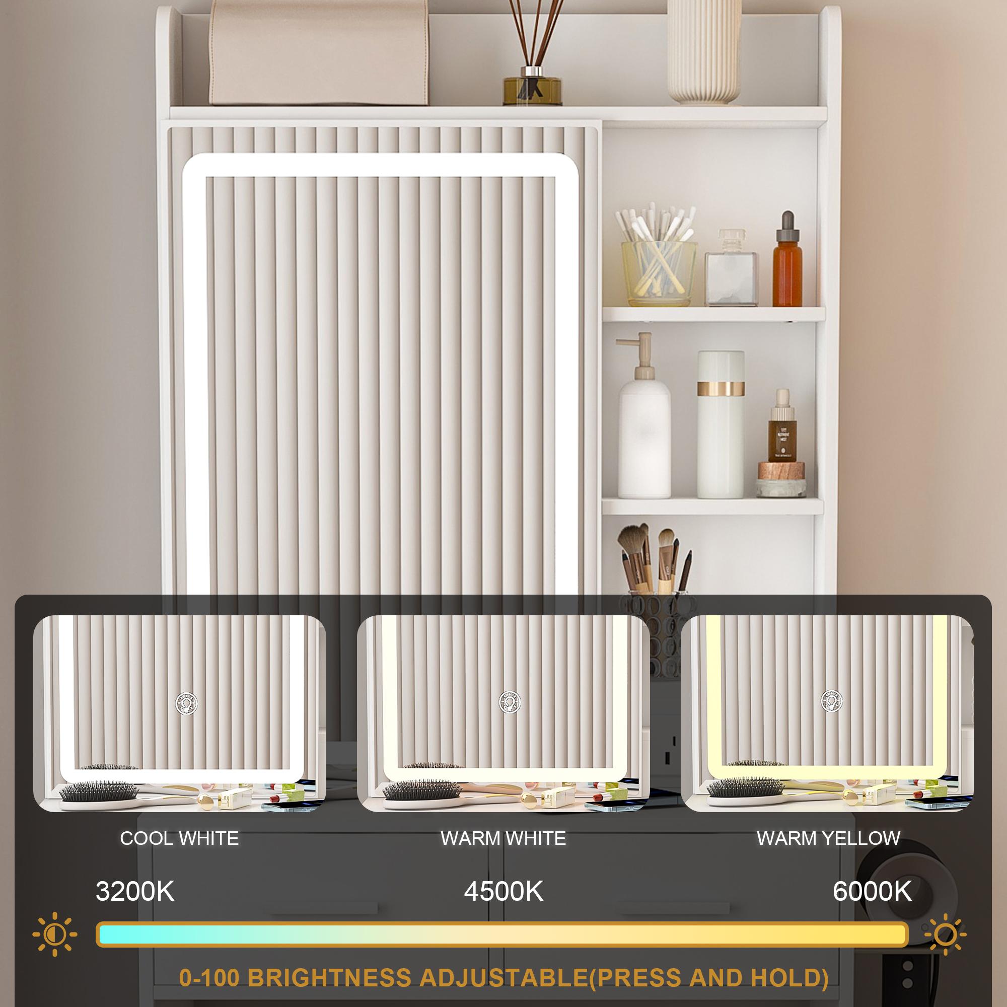 Small Vanity Desk with Mirror and Lights, Makeup Vanity Table with Power Outlet & 2 Drawers & 6 Shelves & Stool,Dressing Table Set for Bedroom, Brightness Adjustable, White