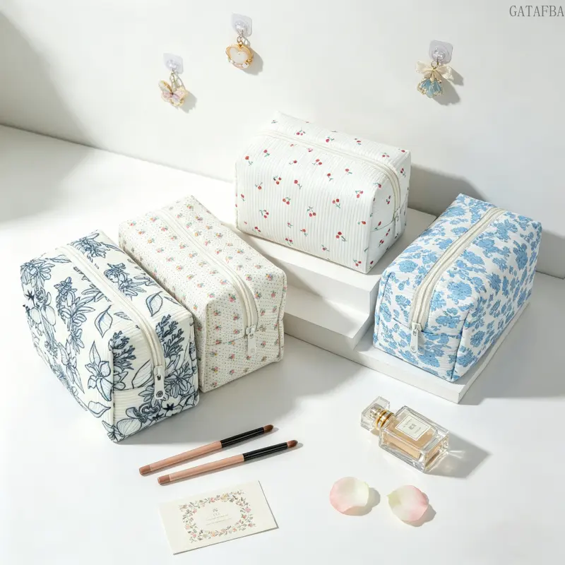 Corduroy Floral Makeup Bag, Large Capacity Portable Travel Pouch for Skincare and Cosmetics Storage