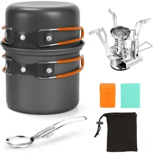 Camping Cookware Mess Kit with Lightweight Pot, Stove, Spork and Carry Mesh Bag, Great for Backpacking Outdoor Camping Hiking and Picnic