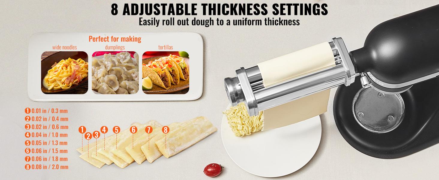 Pasta Attachment for KitchenAid Stand Mixer, Stainless Steel Pasta Roller Cutter Set Including Pasta Sheet Roller, Spaghetti and Fettuccine Cutter, 8 Adjustable Thickness Knob Pasta Maker, 3Pcs