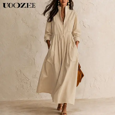Uoozee Women's 100% Pure Cotton Long Sleeve A-Line Casual Maxi Dress - Fall Transition, Stand Collar, Elastic Back Waist, Front Zipper, Real Pockets, Hand Wash Only, Long Sleeve Dresses