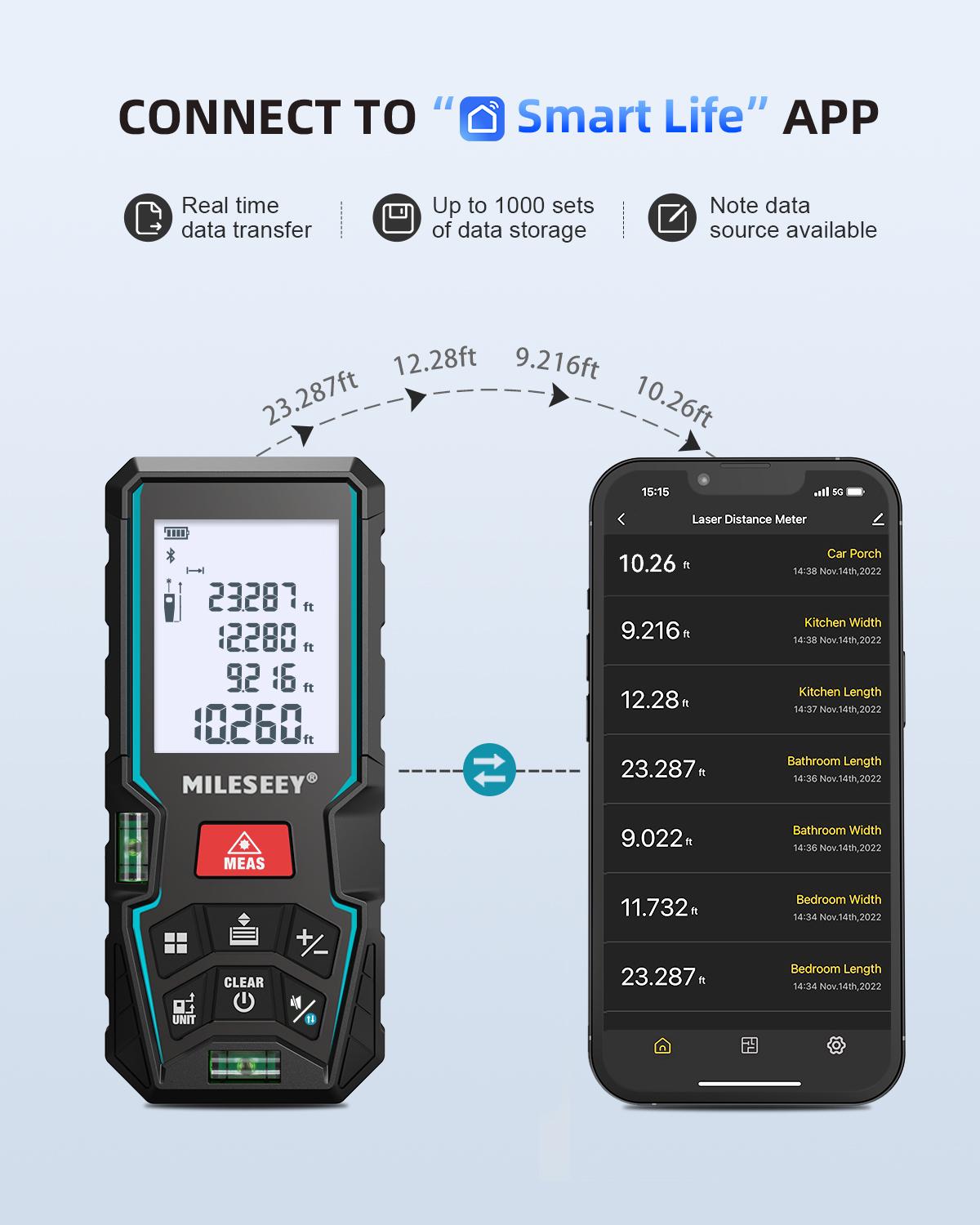 Mileseey D5T Laser Measure 165 Feet with 2 Bubble Levels ±1/16 inch Accuracy Unit Switching Backlit LCD Pythagorean Mode Supports Mobile App Laser Measurement Tool