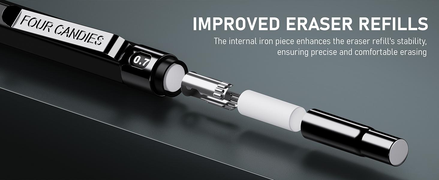 Weighted Pencil !!!Four Candies  Metal Mechanical Pencils Set with Case, For Writing Drafting, Drawing, Sketching, 0.5mm & 0.7 mm Artist Pencil with 8 Tubes  HB Lead Refills, 3 Erasers,9 Eraser Refills, Suitable for School and Office art Creation.