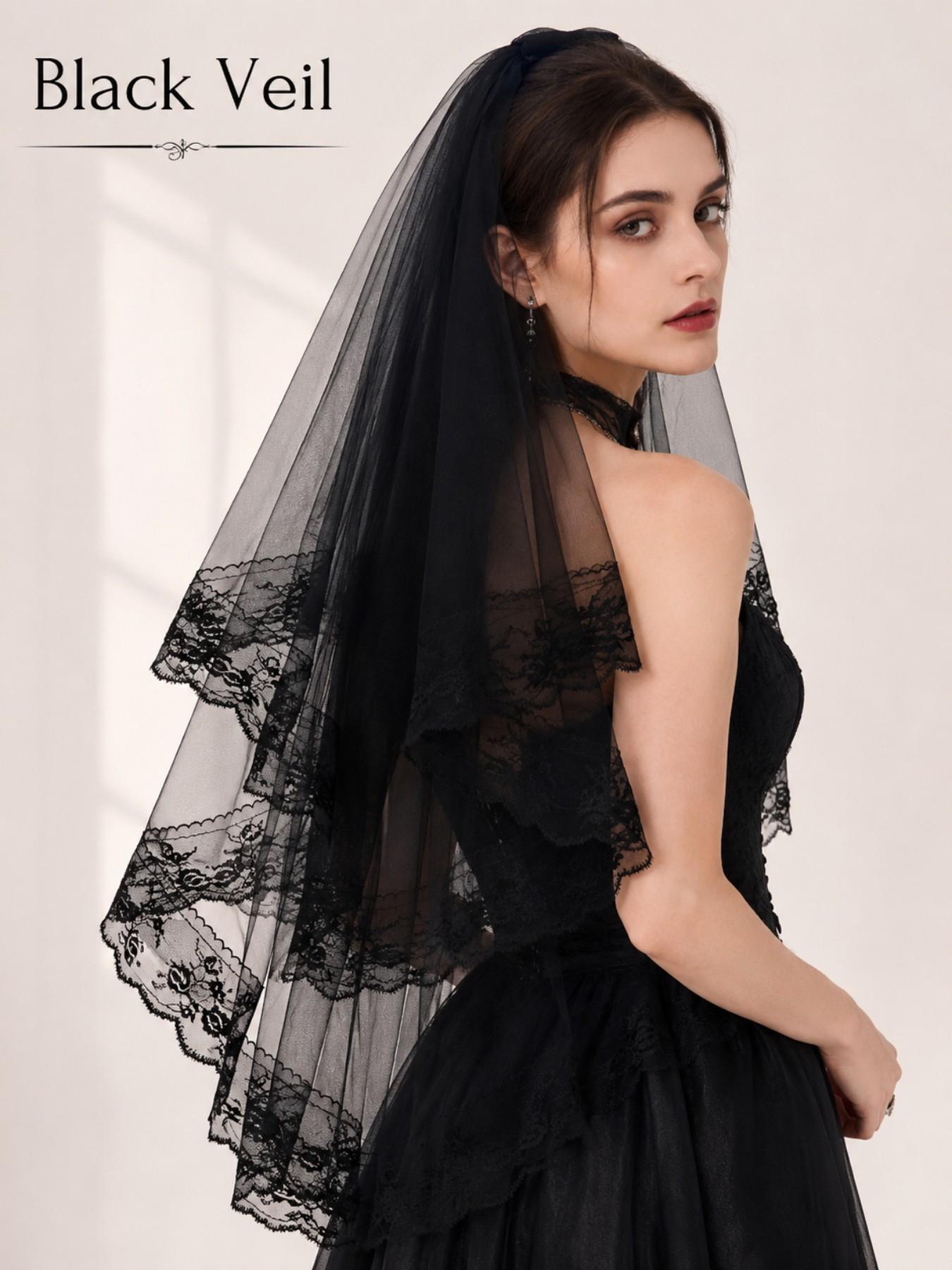 Gothic 2-Layer Tulle Wedding Veils with Floral Lace Edge & Comb, Classic Black Bridal Headwear, Perfect for Halloween Party, Cosplay Outfit, Dark Wedding and Spooky Themed Events