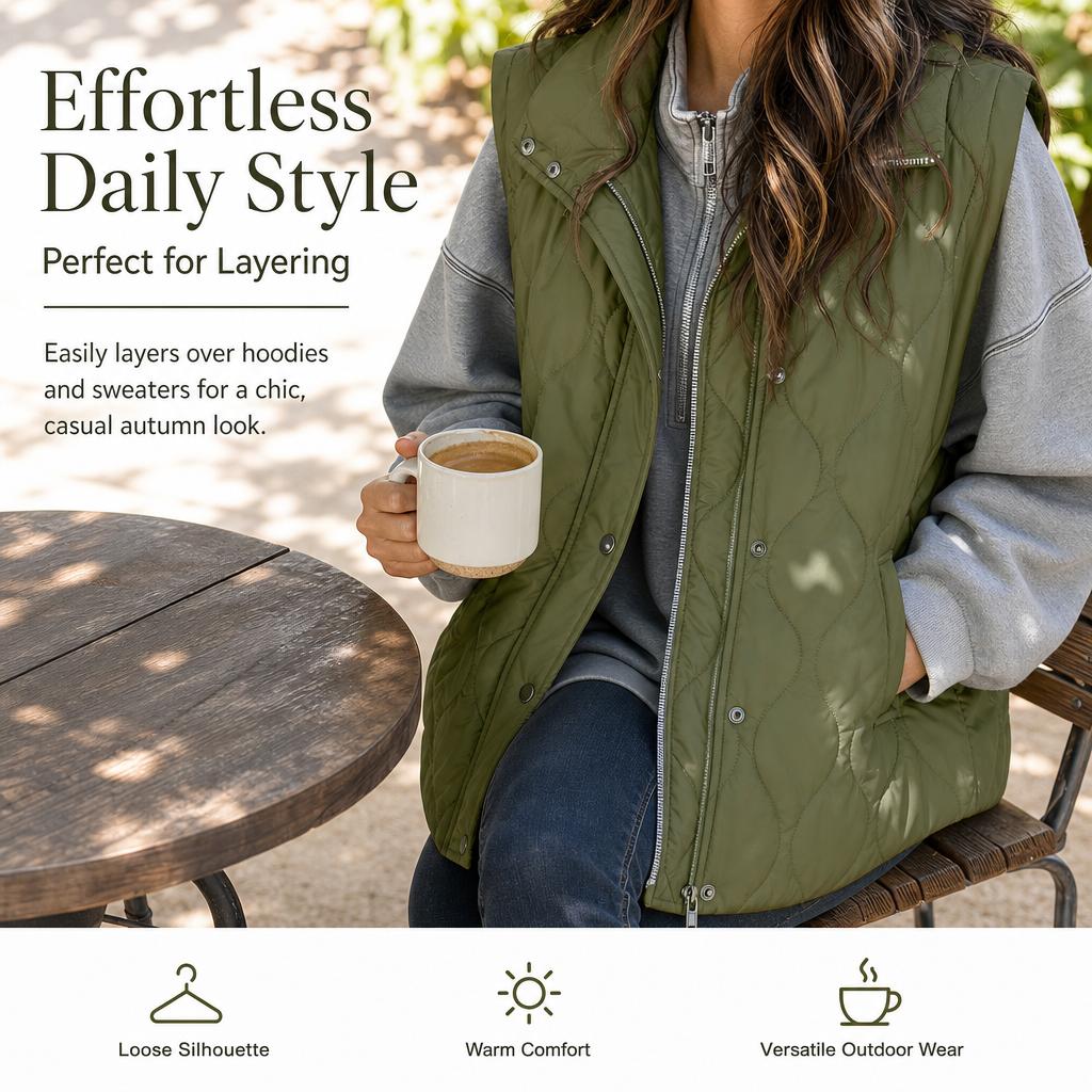 Yodutry Women's Loose Fit Lightweight Puffer Vest, Quilted Sleeveless Jacket with Zip & Button Closure, Stand Collar Winter Outerwear Coat Yodutry Women's Loose Fit Lightweight Puffer Vest, Quilted Sleeveless Jacket with Zip & Button Closure, Stand Collar Winter Outerwear Coat