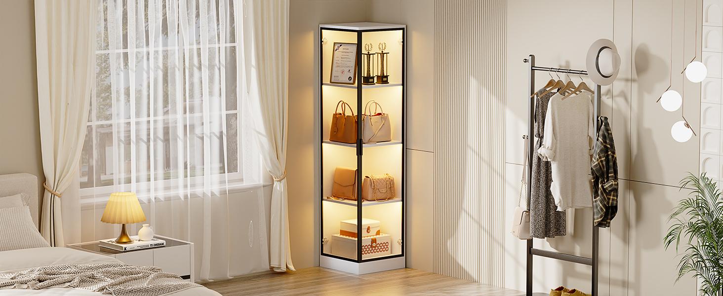 MIIFUNY Corner Display Cabinet with Doors, 4-Tier Corner Shelf&Bookcase for Collectibles, Toys, Books, Display Case with 3 Color Light, for Playroom, Bedroom, Study Room, White MIIFUNY Corner Display Cabinet with Doors, 4-Tier Corner Shelf&Bookcase for Collectibles, Toys, Books, Display Case with 3 Color Light, for Playroom, Bedroom, Study Room, White