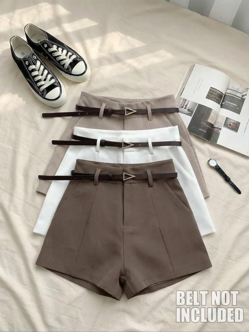 Women's Fashion High-Waisted Comfortable Shorts Set, Pure Color Casual Wear, Home & Outerwear, 3-Piece Suit (no Belt Included)