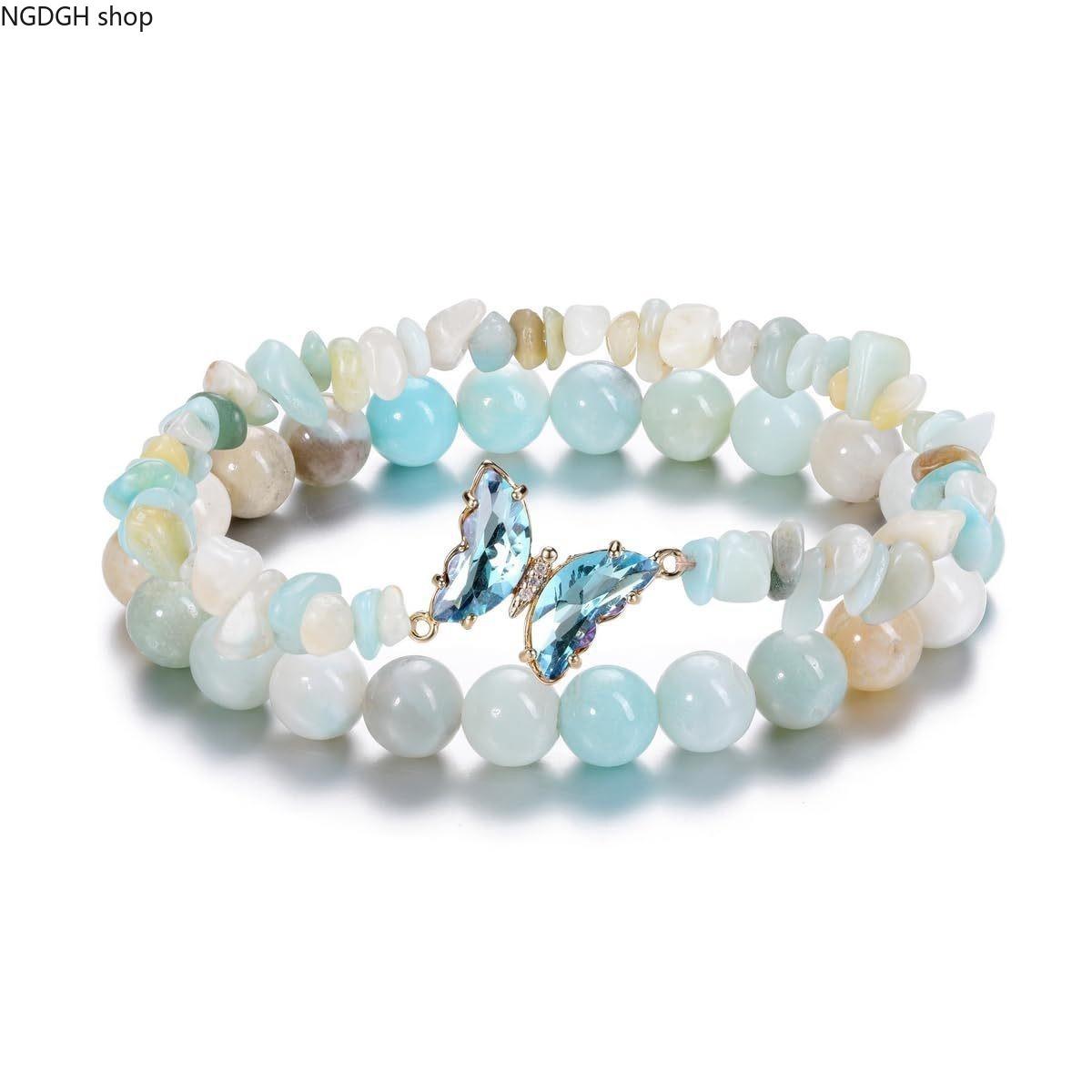 Women's Pink Natural Stone Butterfly Lightweight Charm Bracelet - Gold Drop Accent, Stretch Beaded Sparkle, Trendy Adult Sports & Outdoor Accessory for Party & Casual Outfits
