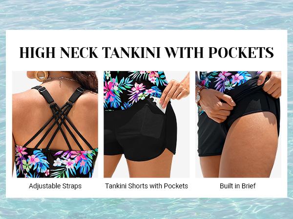 Daci Women Two Piece Tankini Swimsuits - Tummy Control Bathing Suits with Shorts 2026 High Neck Swimwear Two Side Pockets