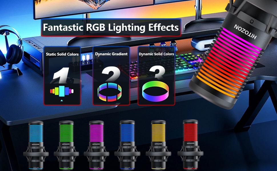 Hitozon USB Condenser Microphone for PC,PSP,Mac&Windows,RGB Gaming Microphone with Anti-Vibration Shock Mount,2 Polar Patterns,Pop Filter,Gain Control,Podcasts,Streaming,Plug&Play Noise Cancellation Condenser mic with Monitoring,Mute,Touch control