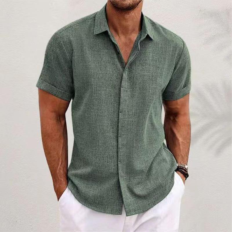 Men's Plain Linen-Polyester Short-Sleeve Button-Down Shirts - Loose-Fitting, Collared Neck, Lightweight, Breathable, Skin Friendly, Street Casual Tops for Daily, Semi-Formal Menswear