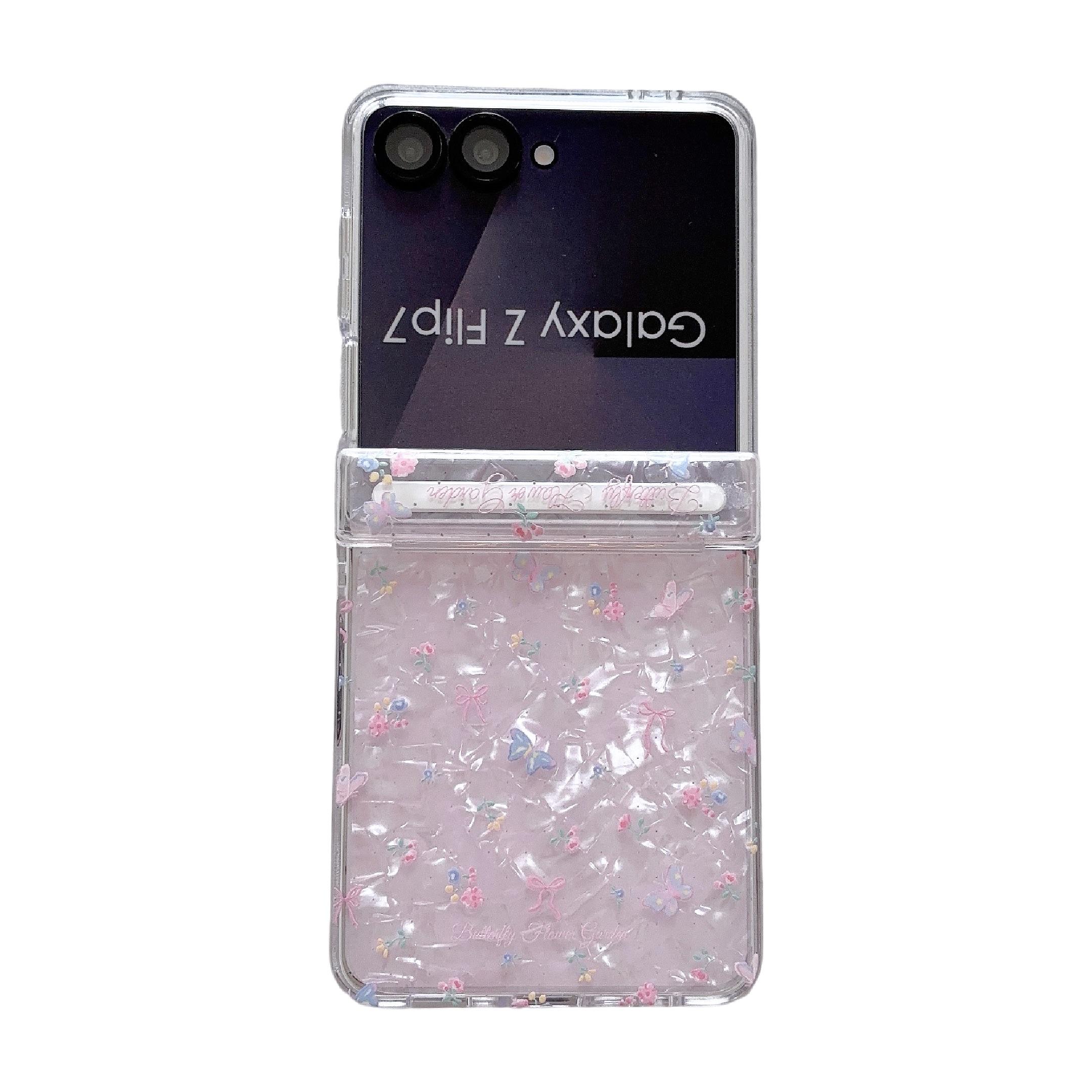 Fresh Floral & Magnetic Snap Shell Pattern Phone Case with optional wrist strap for easy carrying. for Samsung Galaxy Z Flip 5/6/7FE/7. Features a refreshing style, fashionable protection, and unique design perfect for daily use. Protective outer shell.