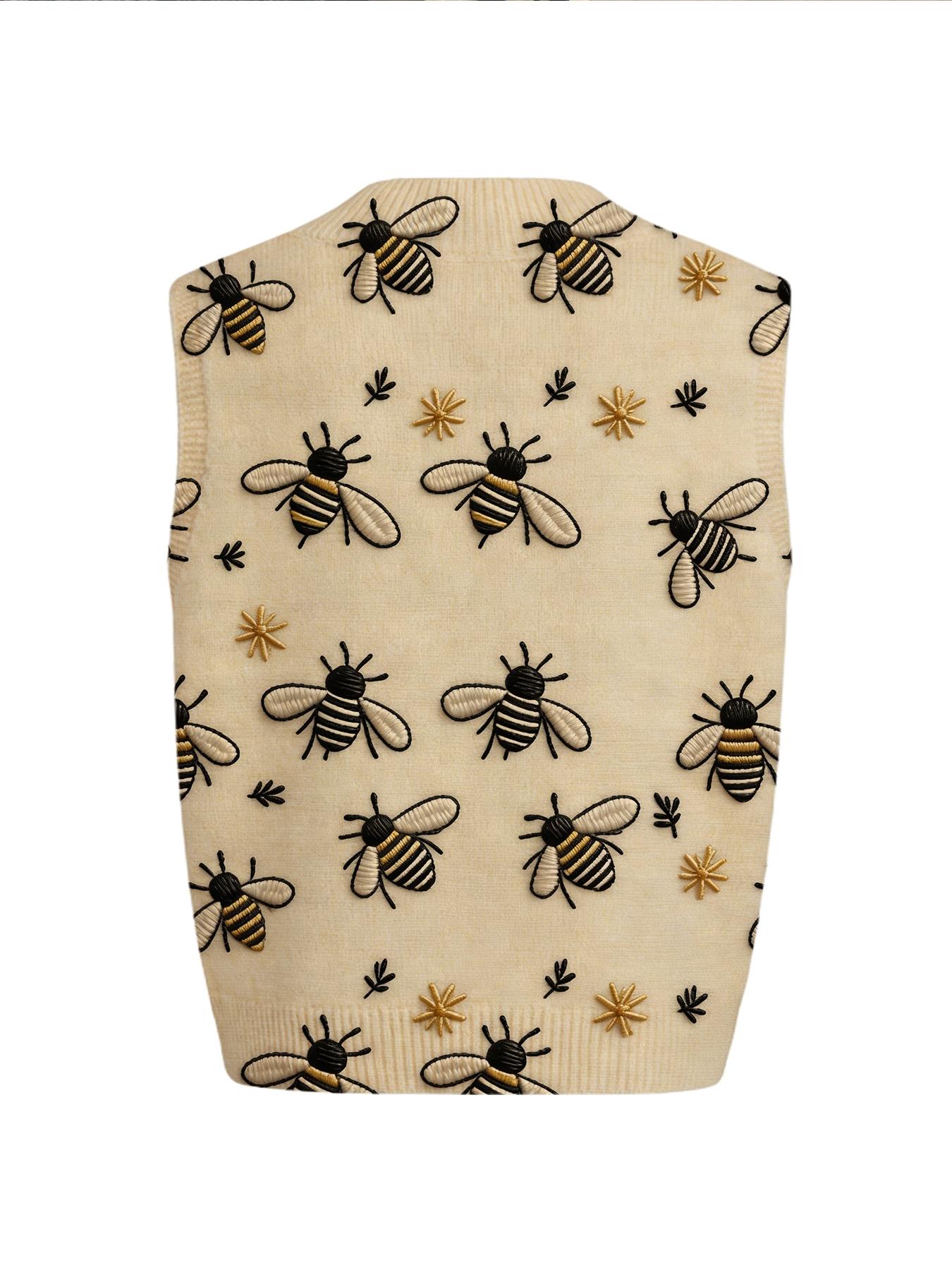 Spring Summer Elegant Women's Cartoon Bee Animal Print Vest, Cross Deep V Neck Sleeveless Knit Sweater, Casual Breathable Top