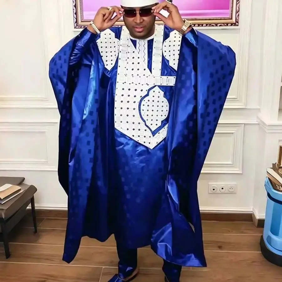 3 PCS Set African Clothes for Men Dashiki Tradition Outfit Robe Embroidery Tops Pants Suits Bazin Muslim Wedding Party Clothing