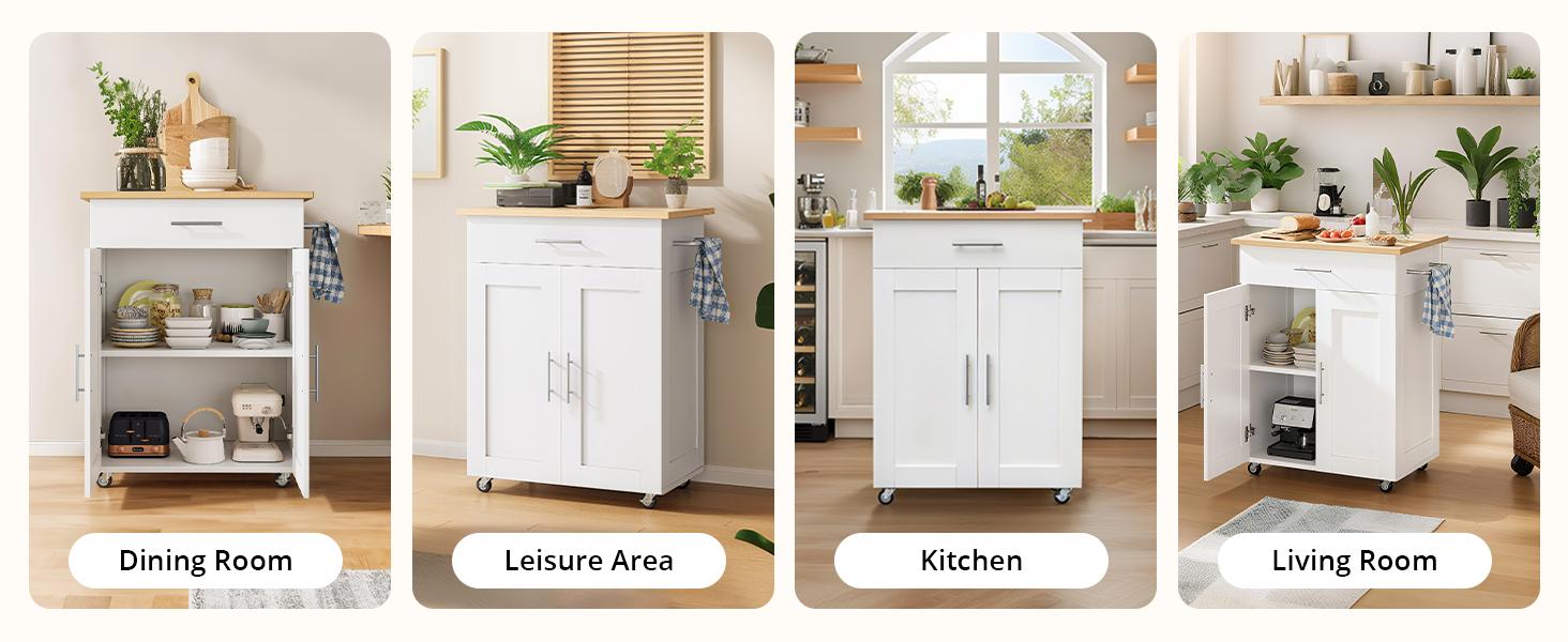 Kitchen Island Cart, Small Kitchen Island with Storage - Large Drawer, Adjustable Shelf & Towel Rack, Mobile Rolling Kitchen Island with Wheels, Space-Saving White Kitchen Organizer for Dining Room