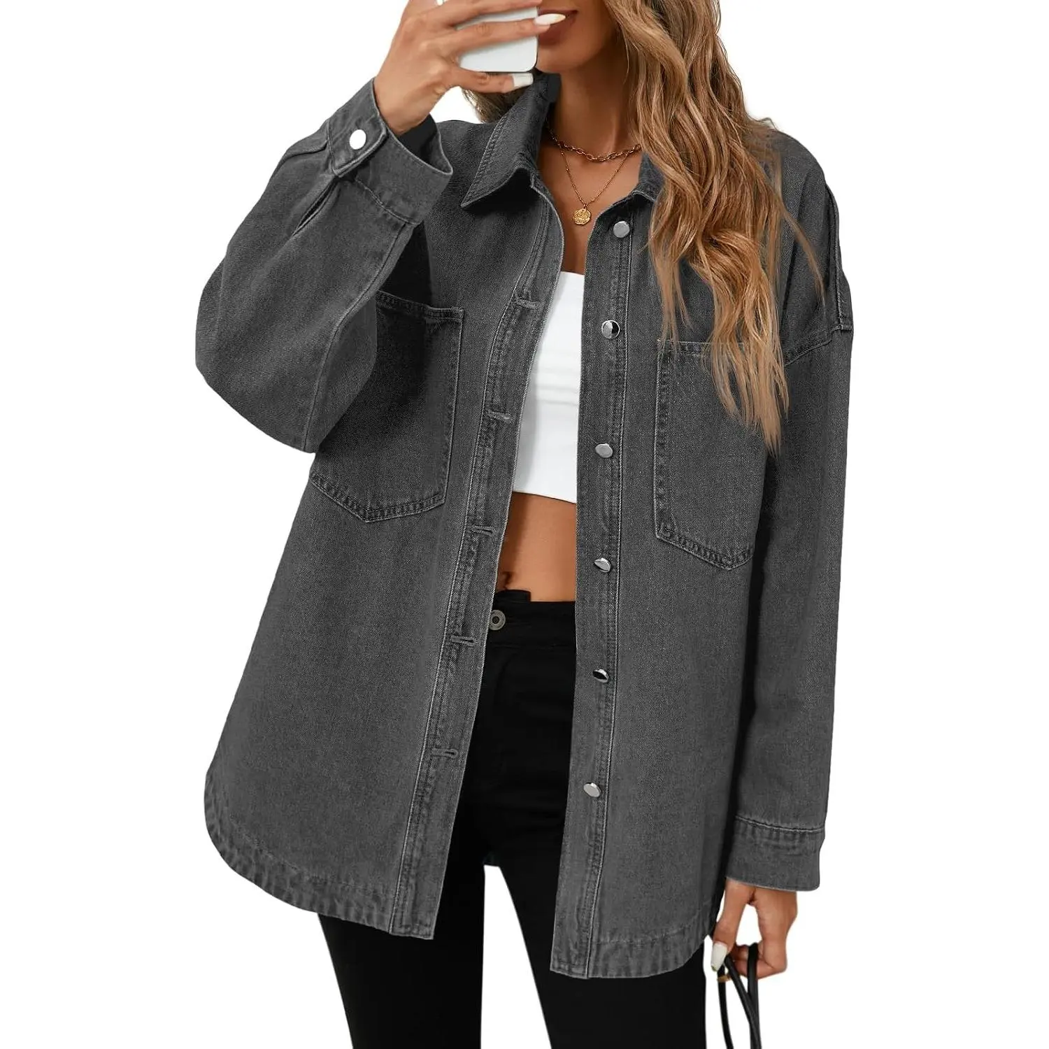 Tankaneo Womens Oversized Denim Shirt Jacket Button Down Long Sleeve Fall Casual Jean Shackets