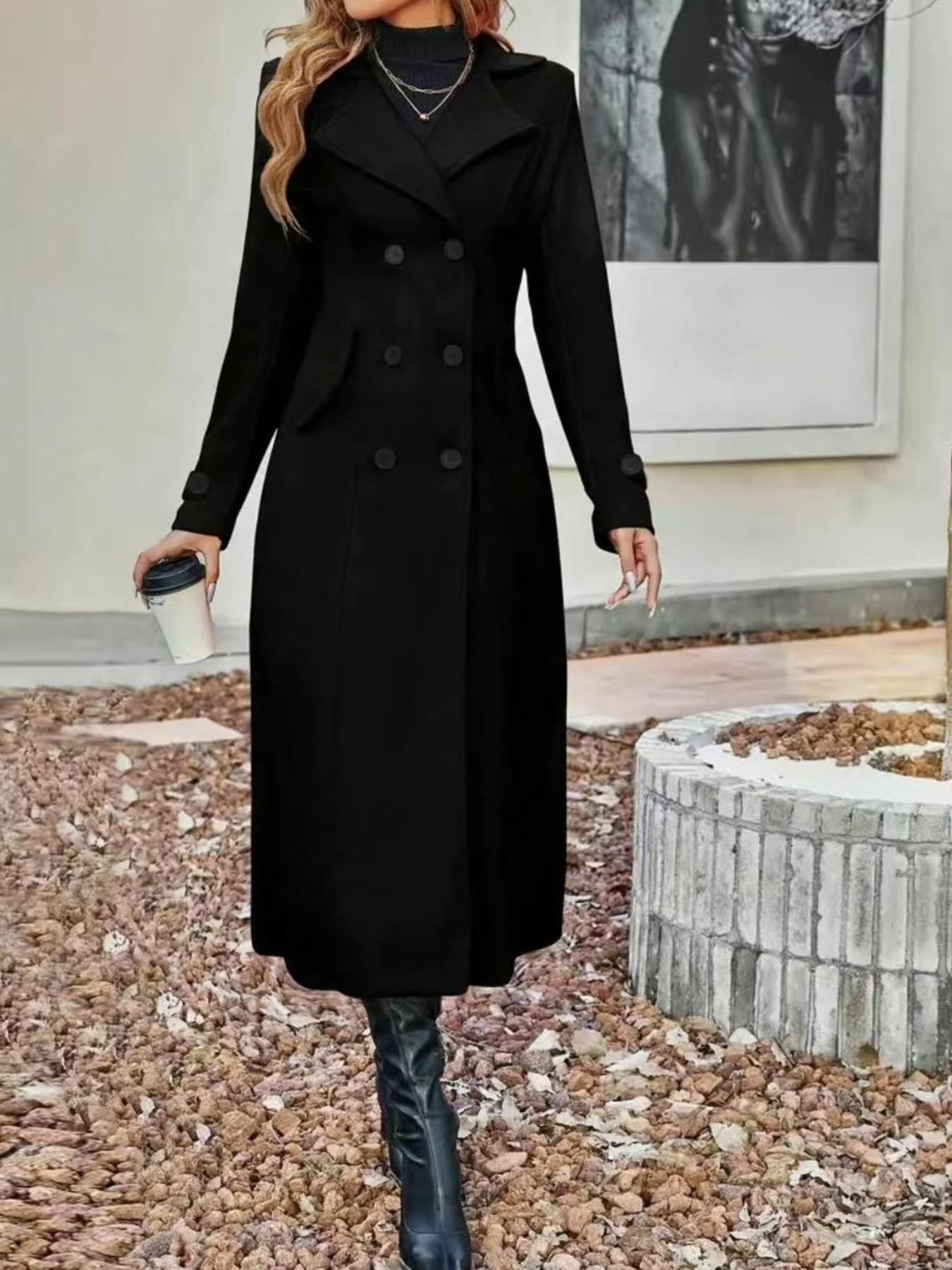 Women's Fitted Solid Color Lapel Long Sleeve Casual Chic Fashion Woolen Coat, Fall Winter Long Line Double Buttoned Overcoat, Ladies Outerwear