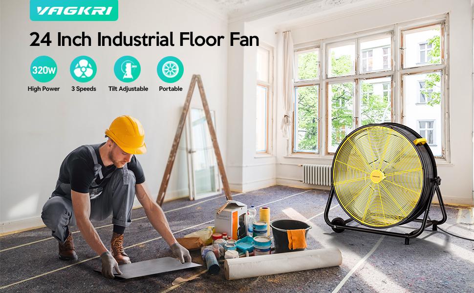 VAGKRI 24-30 Inch Industrial Drum Fan, 320W High Velocity Floor Fan, 3 Speed Heavy Duty Metal Air Circulator, 360° Tilt with Casters Handle ETL Standard for Patios, Warehouse, Commercial,Basement
