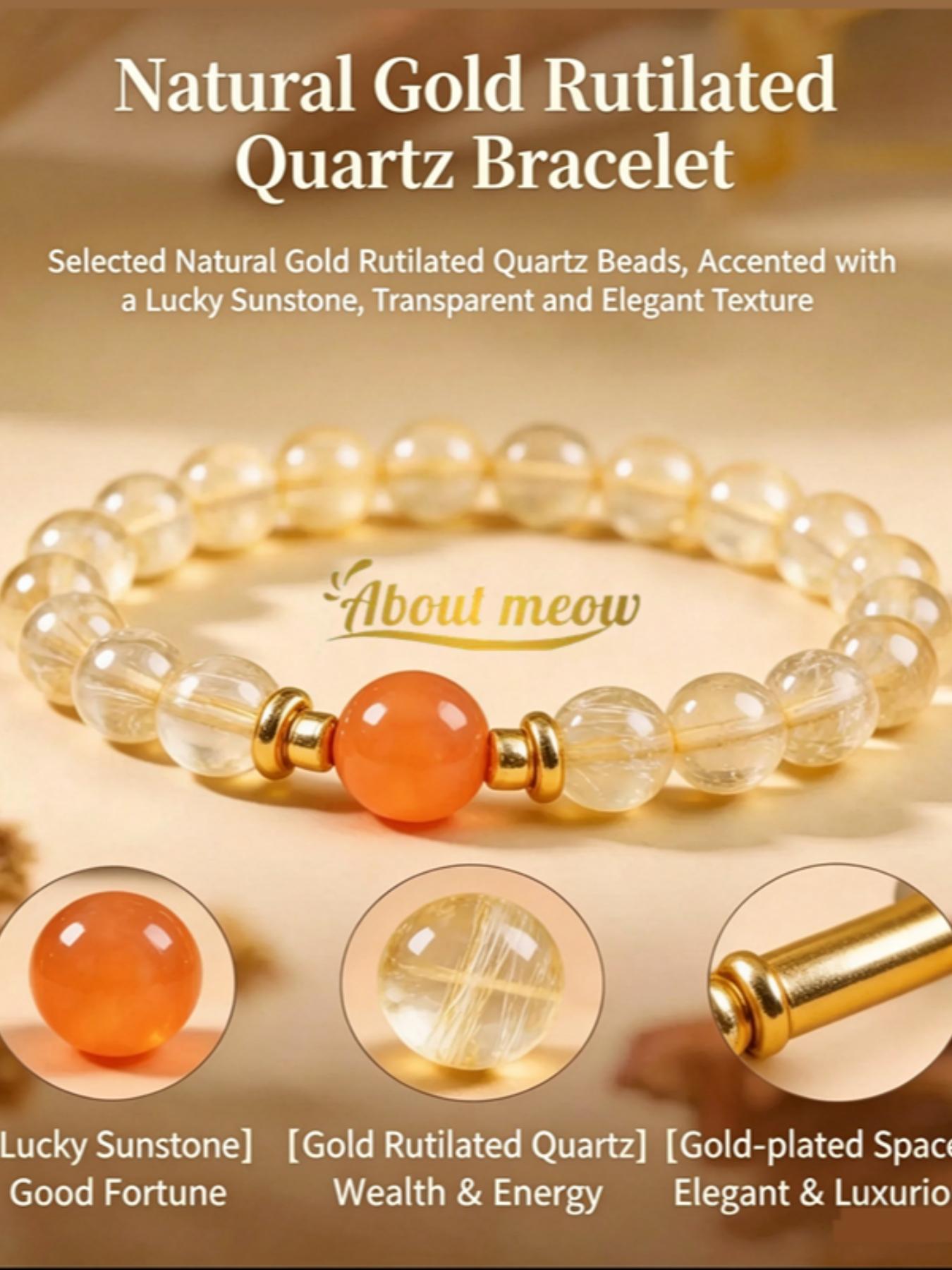 Natural Gold Rutilated Quartz Beaded Bracelet, Lucky Sunstone, 14k Spacers, Handmade Elastic Healing Crystal Jewelry, Luxury Gift for Women