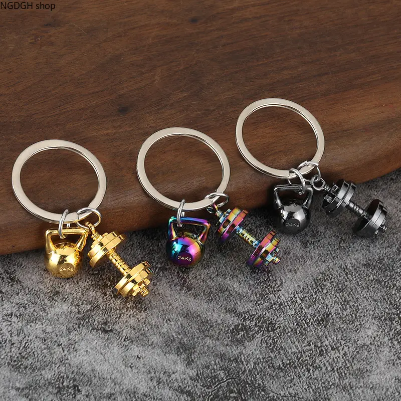 Mini Kettlebell-Dumbbell Keychain Set, Silver Metal Fitness Charm, Realistic Gear for Lifters, Heavy-Duty Gym Bag Gift, Sporty Look Athletic Keyring for Men